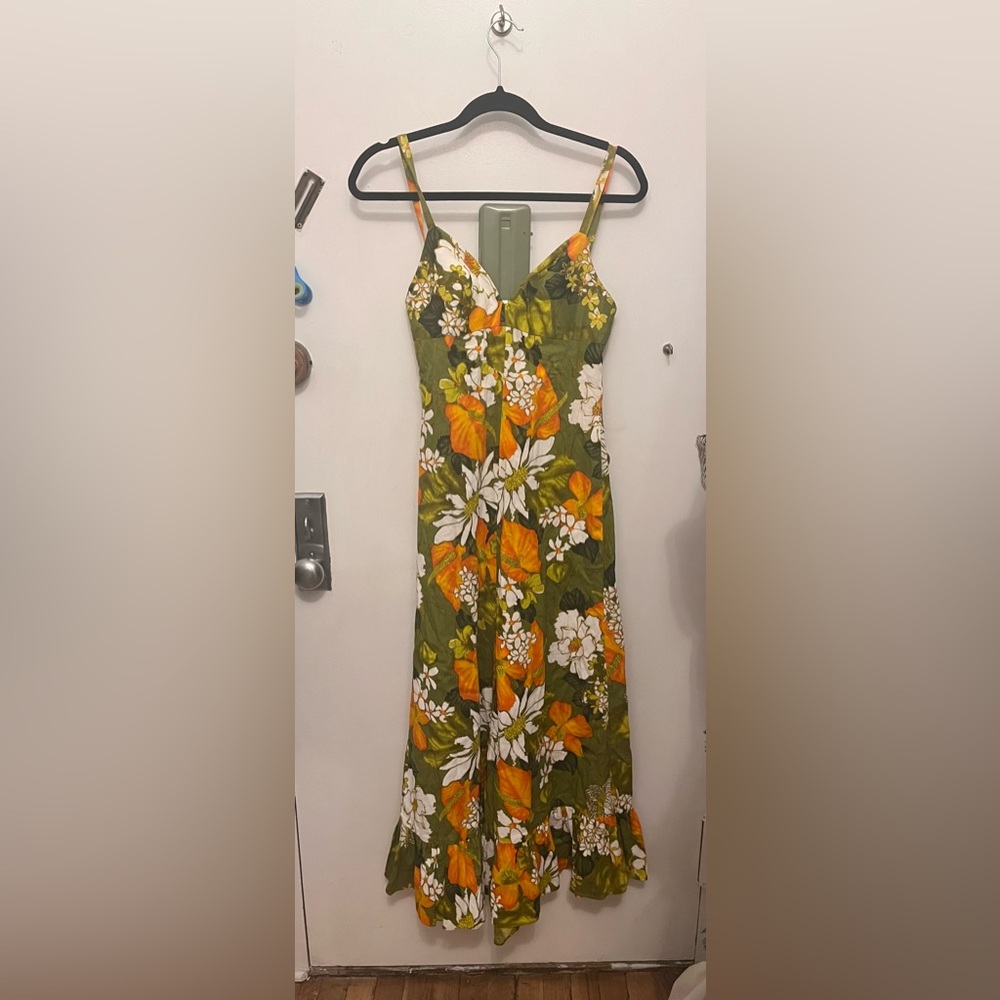 Vintage Kamehameha 1970s Hawaiian barkcloth dress green orange ruffle strappy